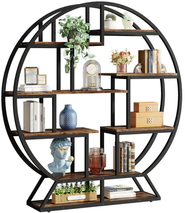 63-inch Industrial Wood Round Bookshelf, Rustic Open Shelving Organizer for Home Office, Living Room, Black