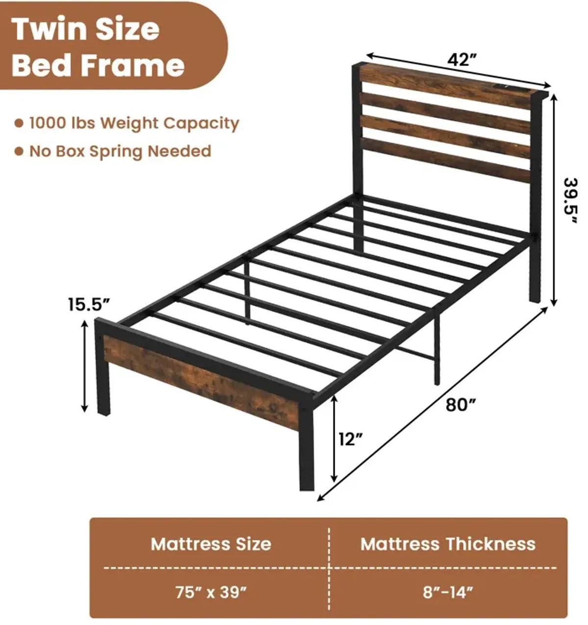 Bed Frame with Charging Station and Storage Headboard