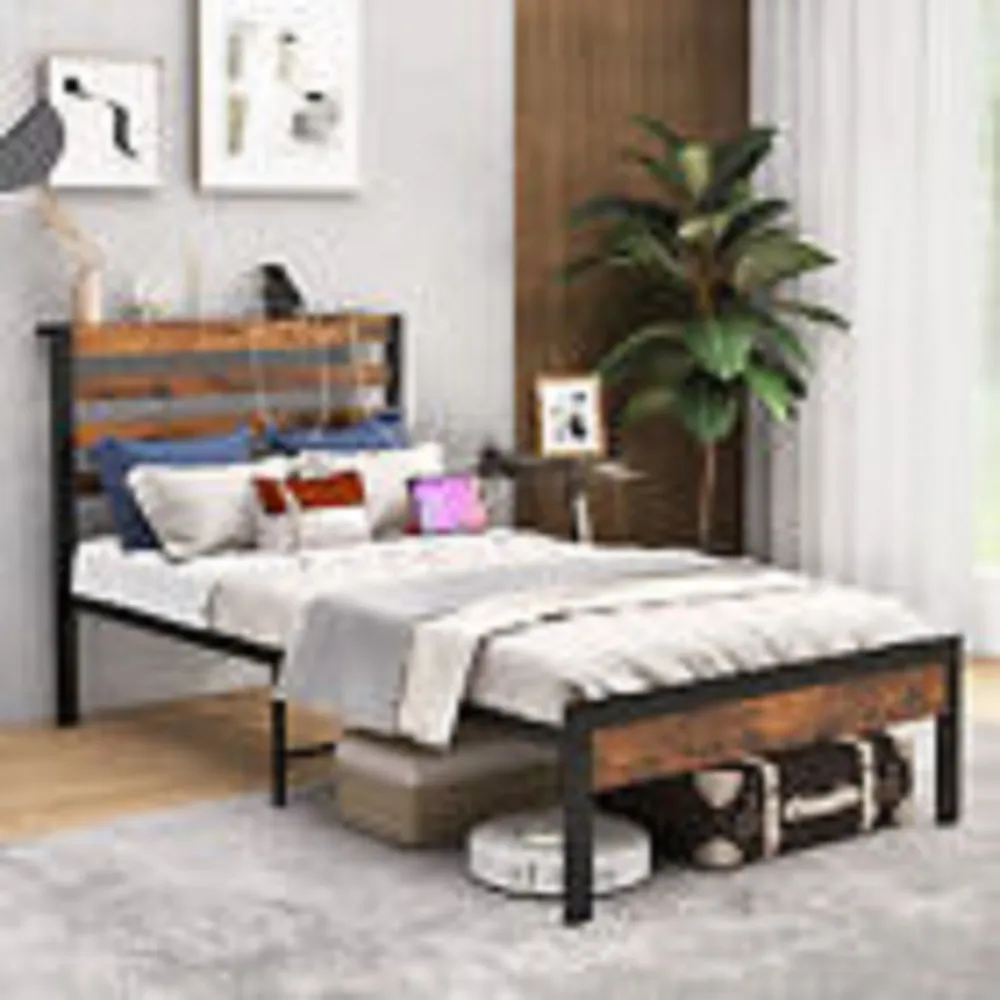 Bed Frame with Charging Station and Storage Headboard