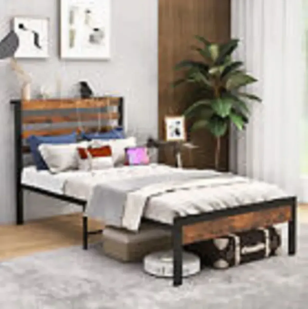 Bed Frame with Charging Station and Storage Headboard