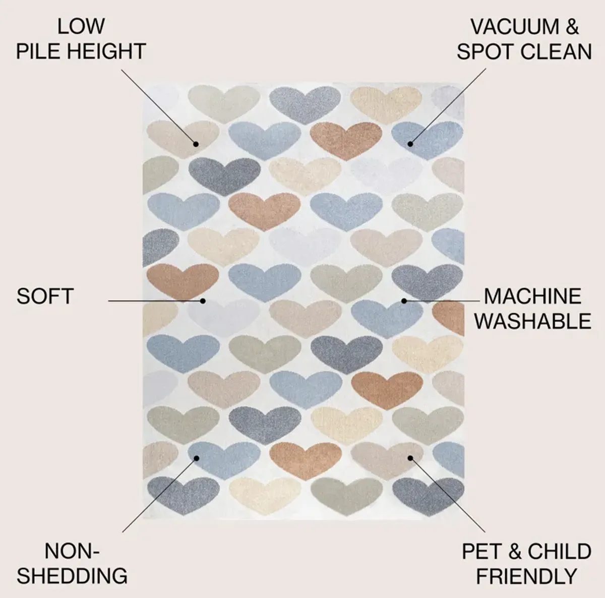 Dila Modern Hearts Geometric Machine Washable Area Rug