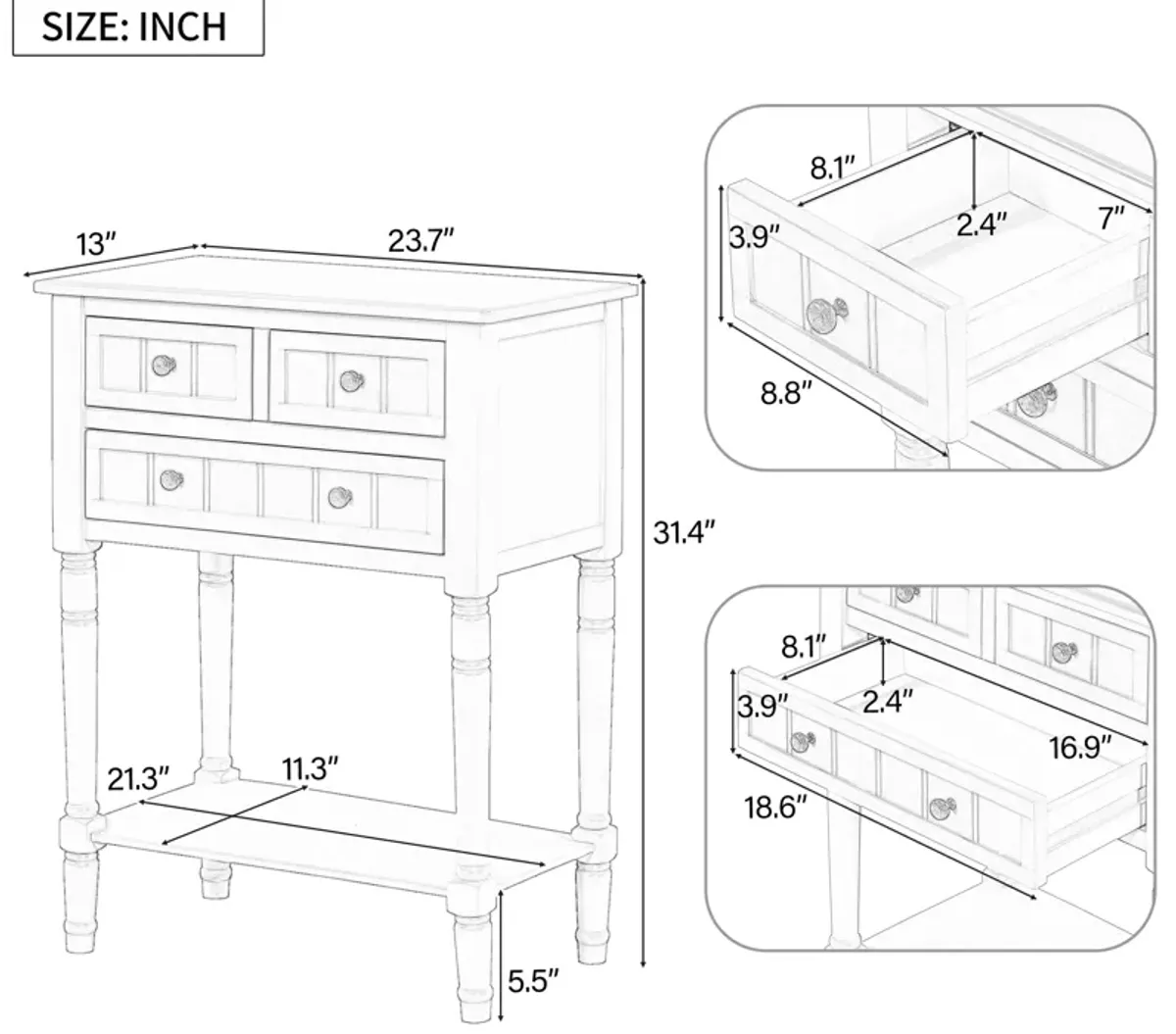 Merax Narrow Console Table with 3 Storage Drawers