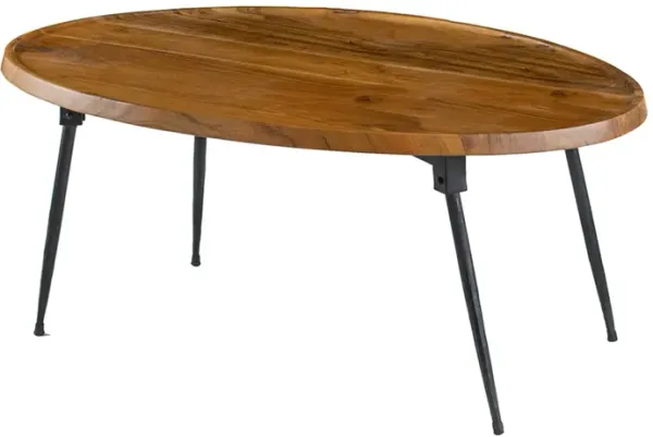 Benjara Aji 39 Inch Coffee Table, Oval Grain Acacia Wood Top, Metal Legs, Brown and Black
