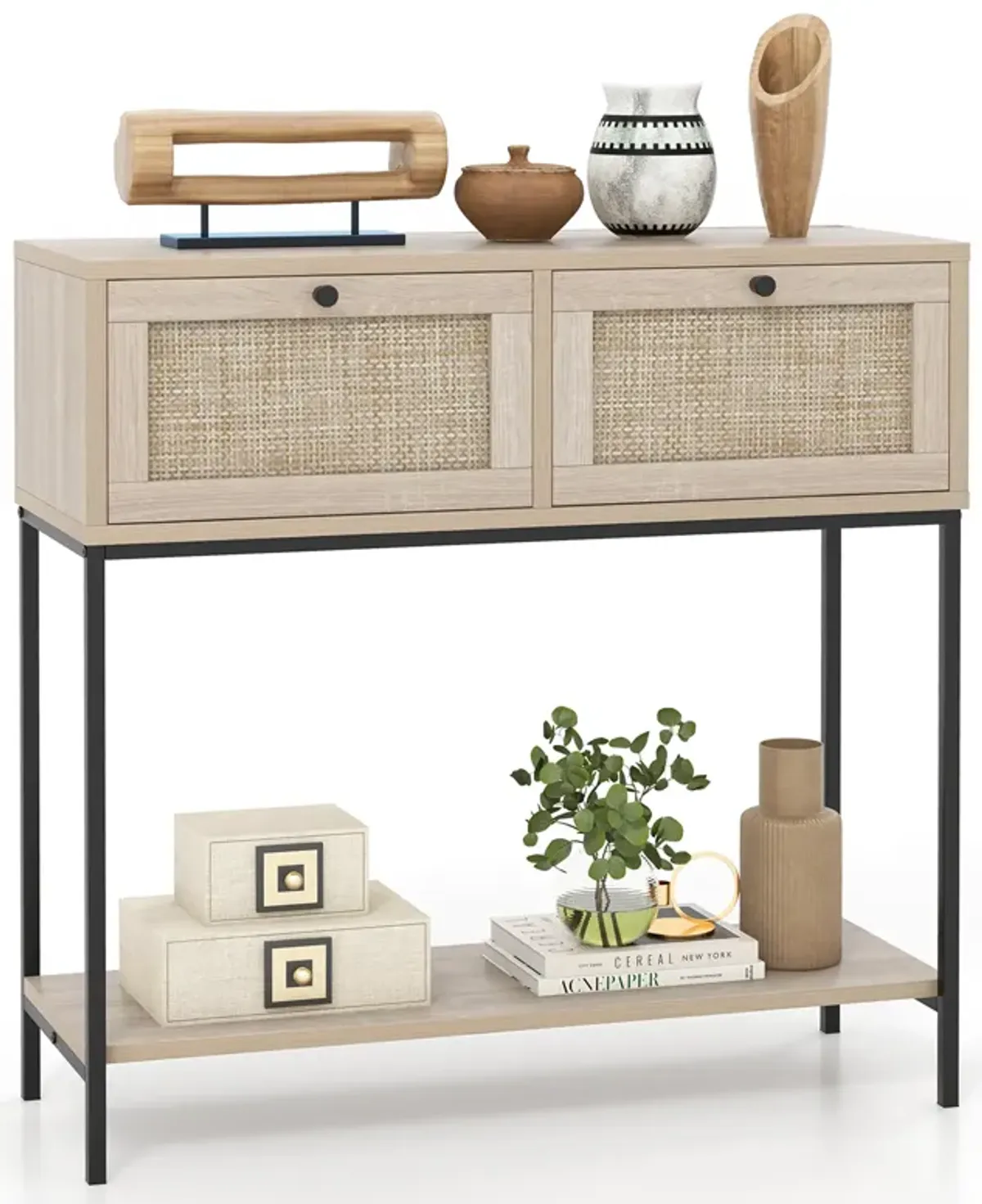 Rattan Console Table Boho Entryway Table with 2 Rattan Drawers and Open Storage Shelf-Oak