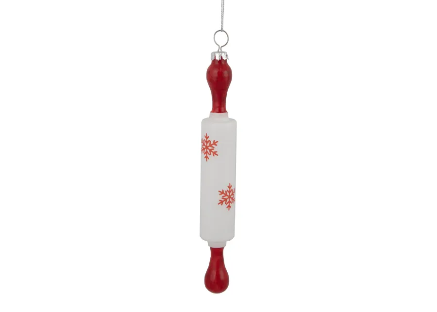 7.25" Red Snowflakes Rolling Pin Glass Christmas Ornament