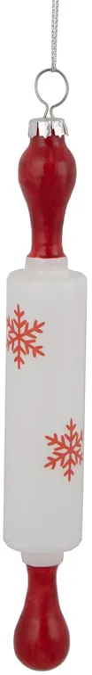 7.25" Red Snowflakes Rolling Pin Glass Christmas Ornament