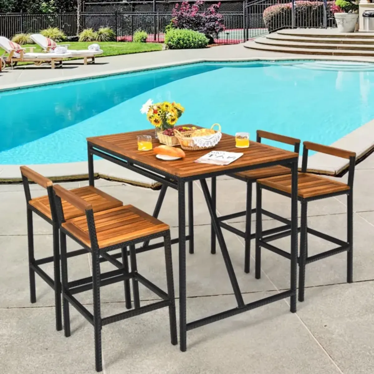 Hivvago 5 Pieces Outdoor Acacia Wood and PE Rattan Bar Set