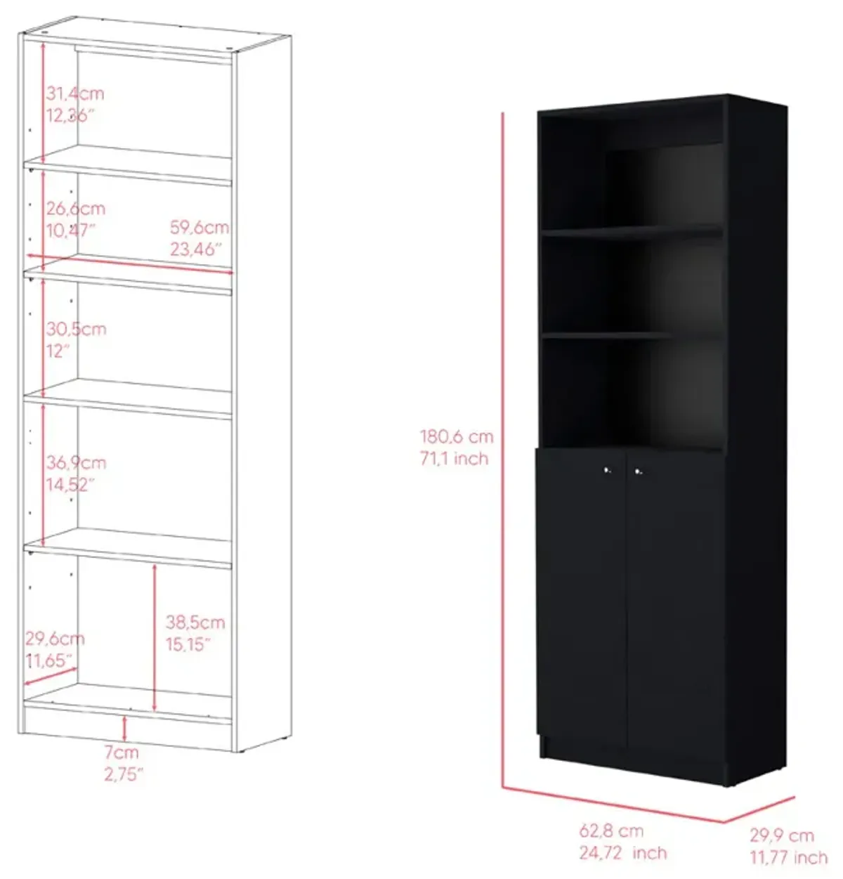 Bookcase Dual-Door Benzoni, Office, Black