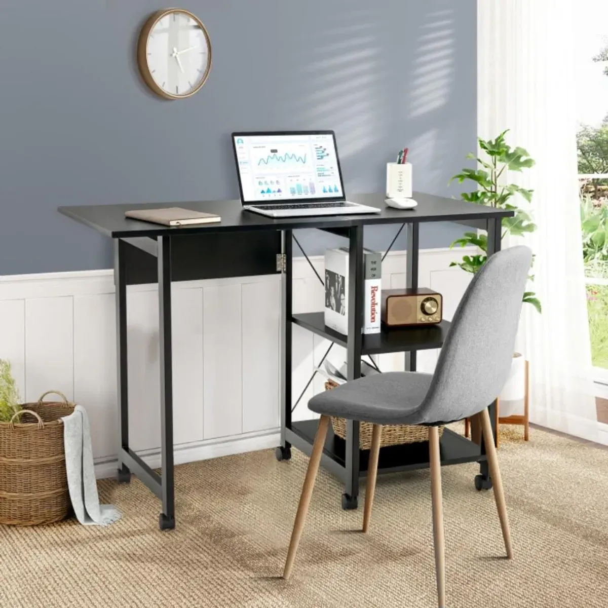 Hivvago Folding Writing Office Desk with Storage Shelves