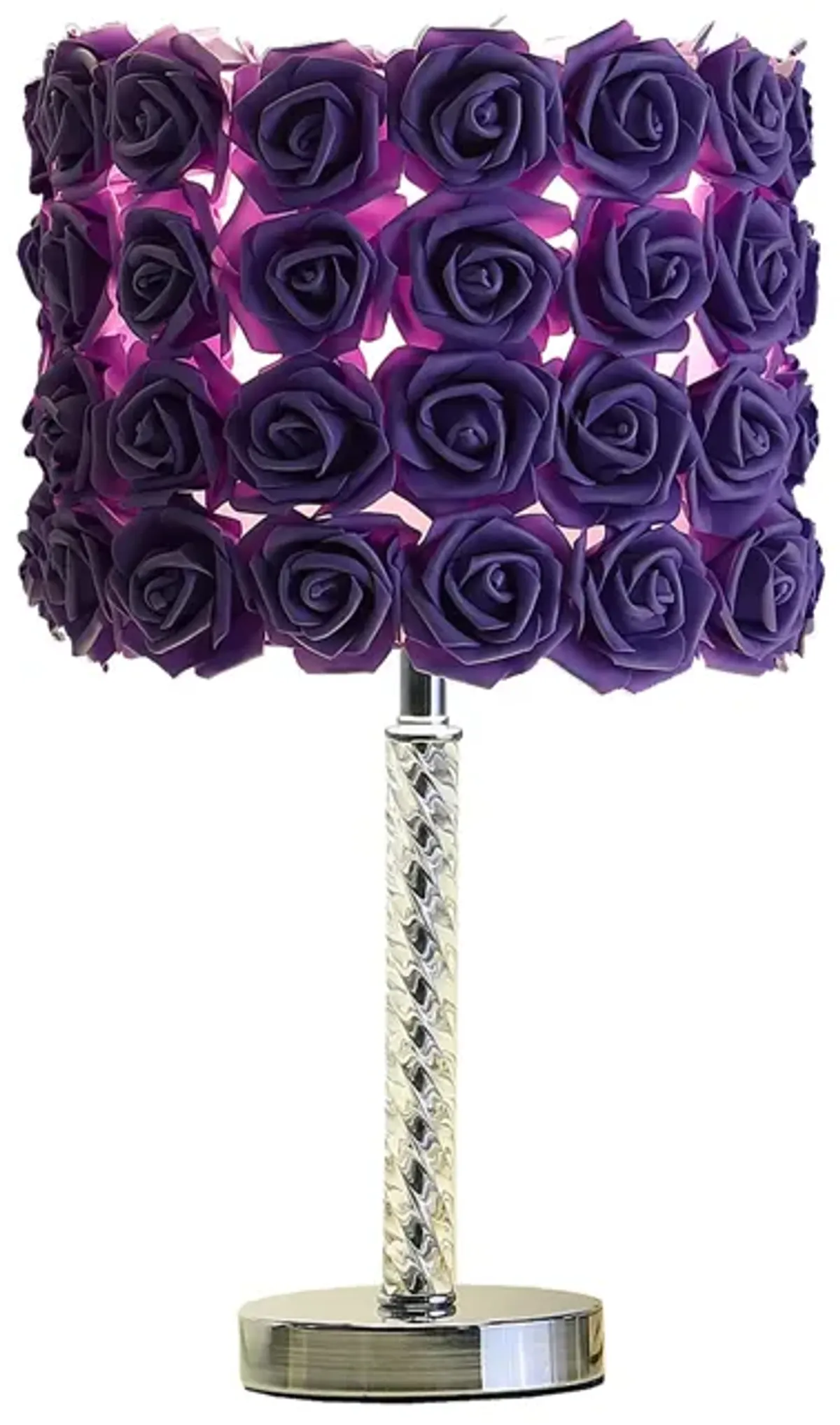 Bloom Roses Drum Shade Table Lamp with Twisted Acrylic Base, Purple-Benzara