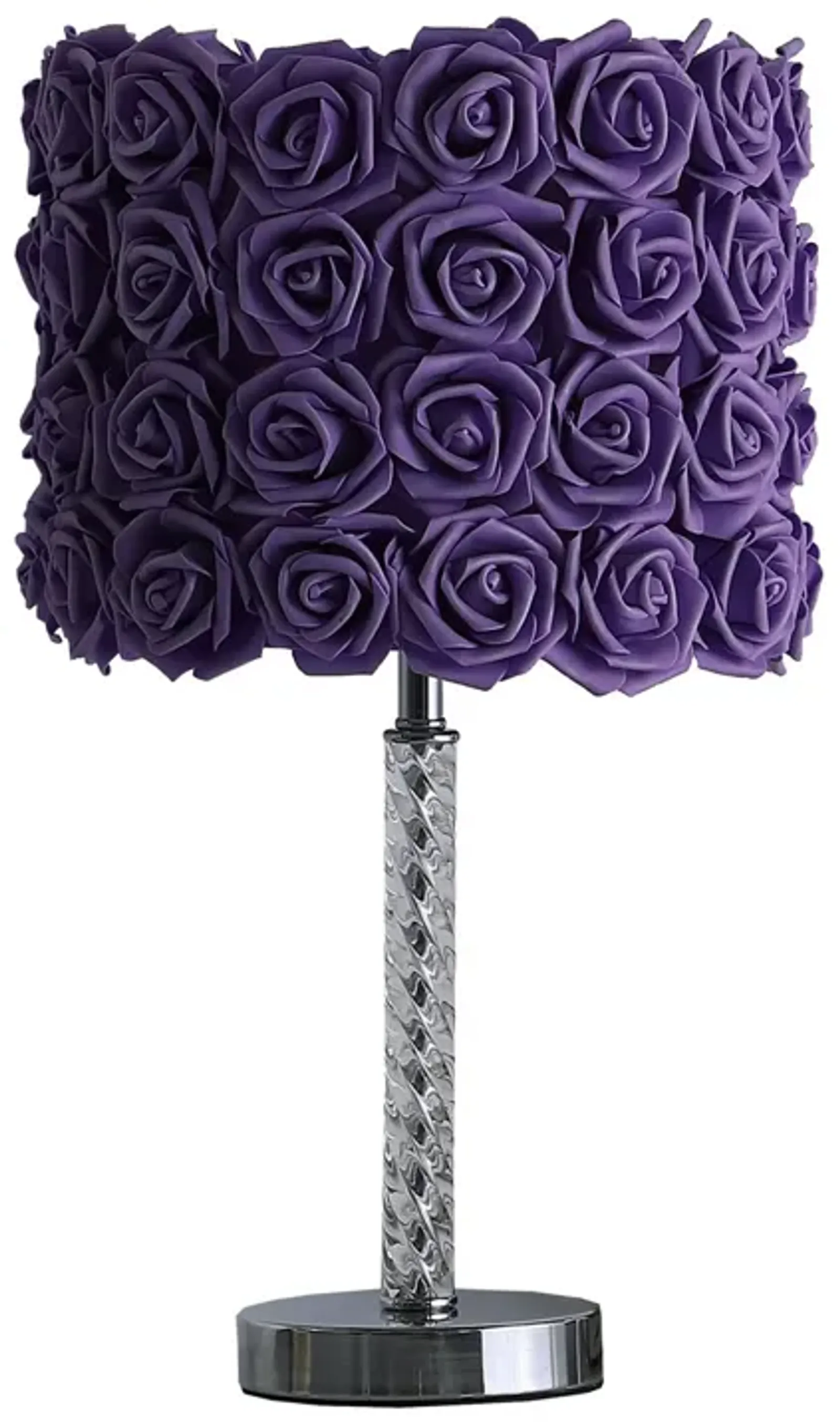 Bloom Roses Drum Shade Table Lamp with Twisted Acrylic Base, Purple-Benzara