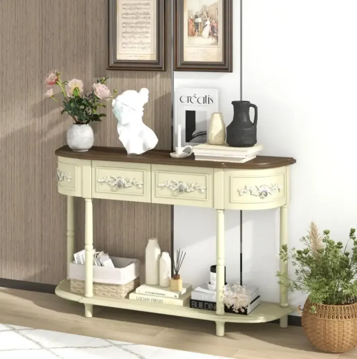 Hivvago Retro Curved Console Table with Drawers and Solid Wood Legs