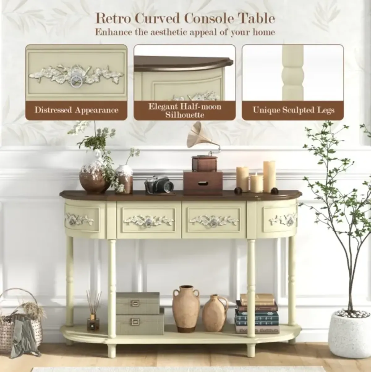 Hivvago Retro Curved Console Table with Drawers and Solid Wood Legs