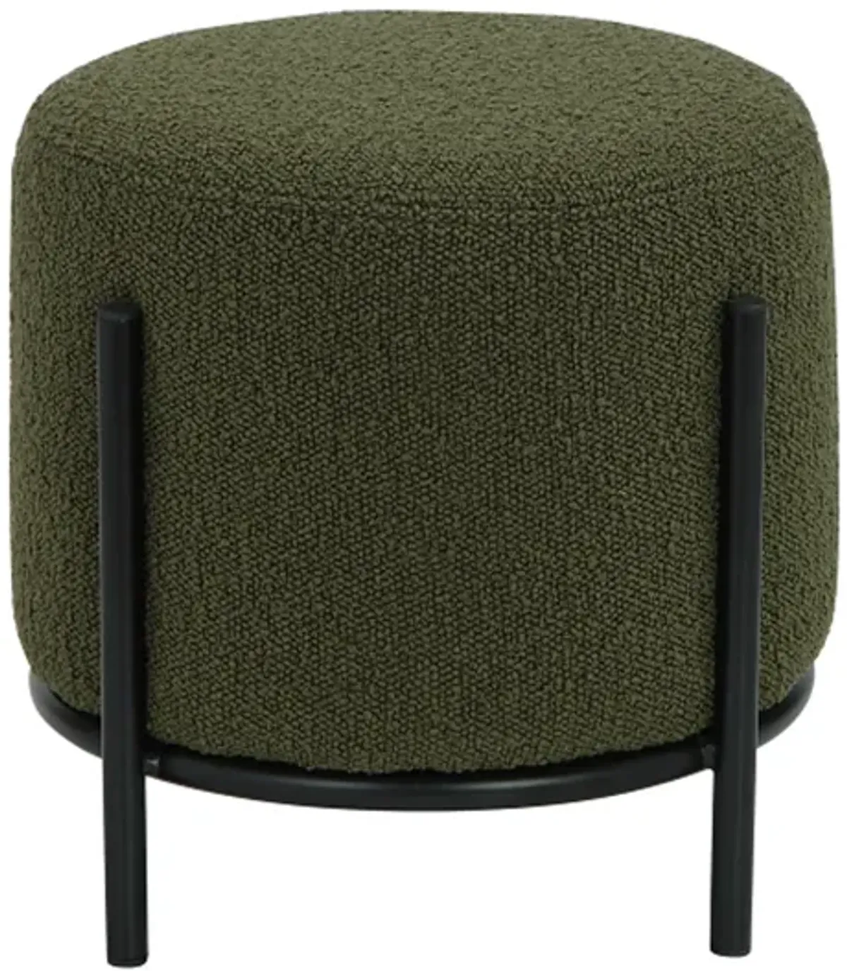 Aop 13 Inch Boucle Ottoman Stool, Round Cushioned Seat, Green Boucle, Black - Benzara