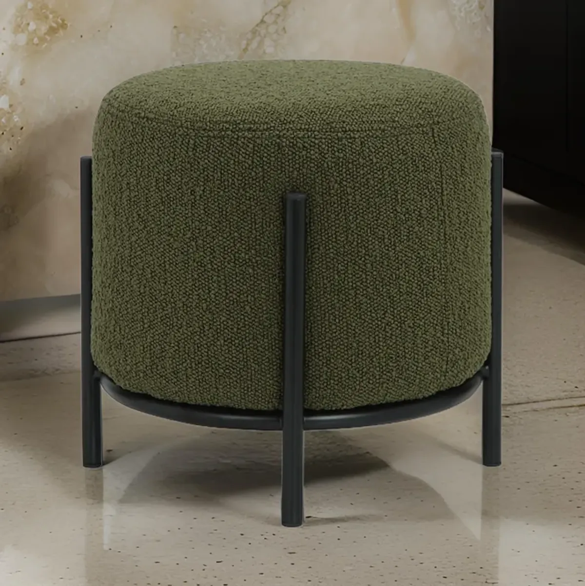 Aop 13 Inch Boucle Ottoman Stool, Round Cushioned Seat, Green Boucle, Black - Benzara