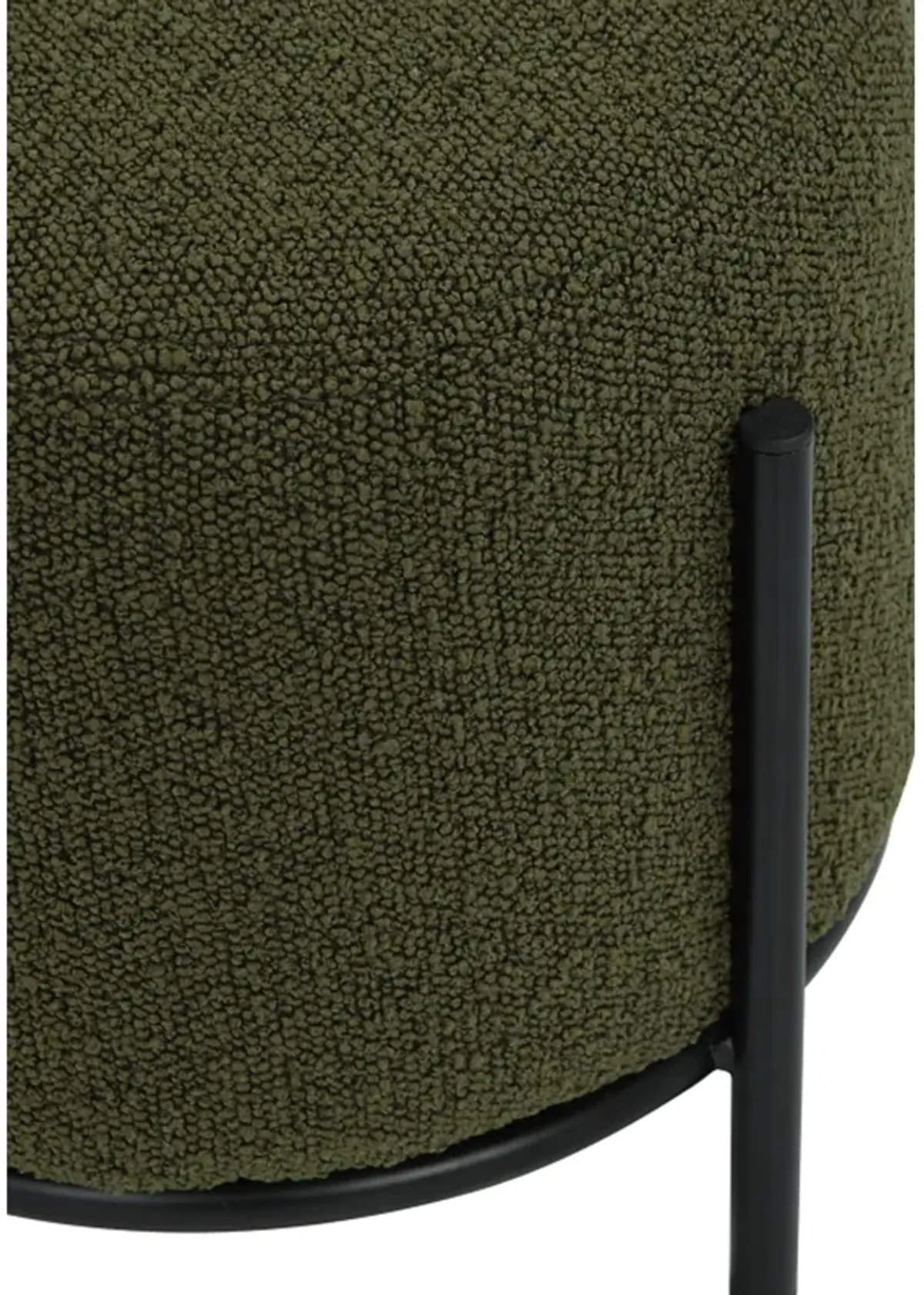 Aop 13 Inch Boucle Ottoman Stool, Round Cushioned Seat, Green Boucle, Black - Benzara