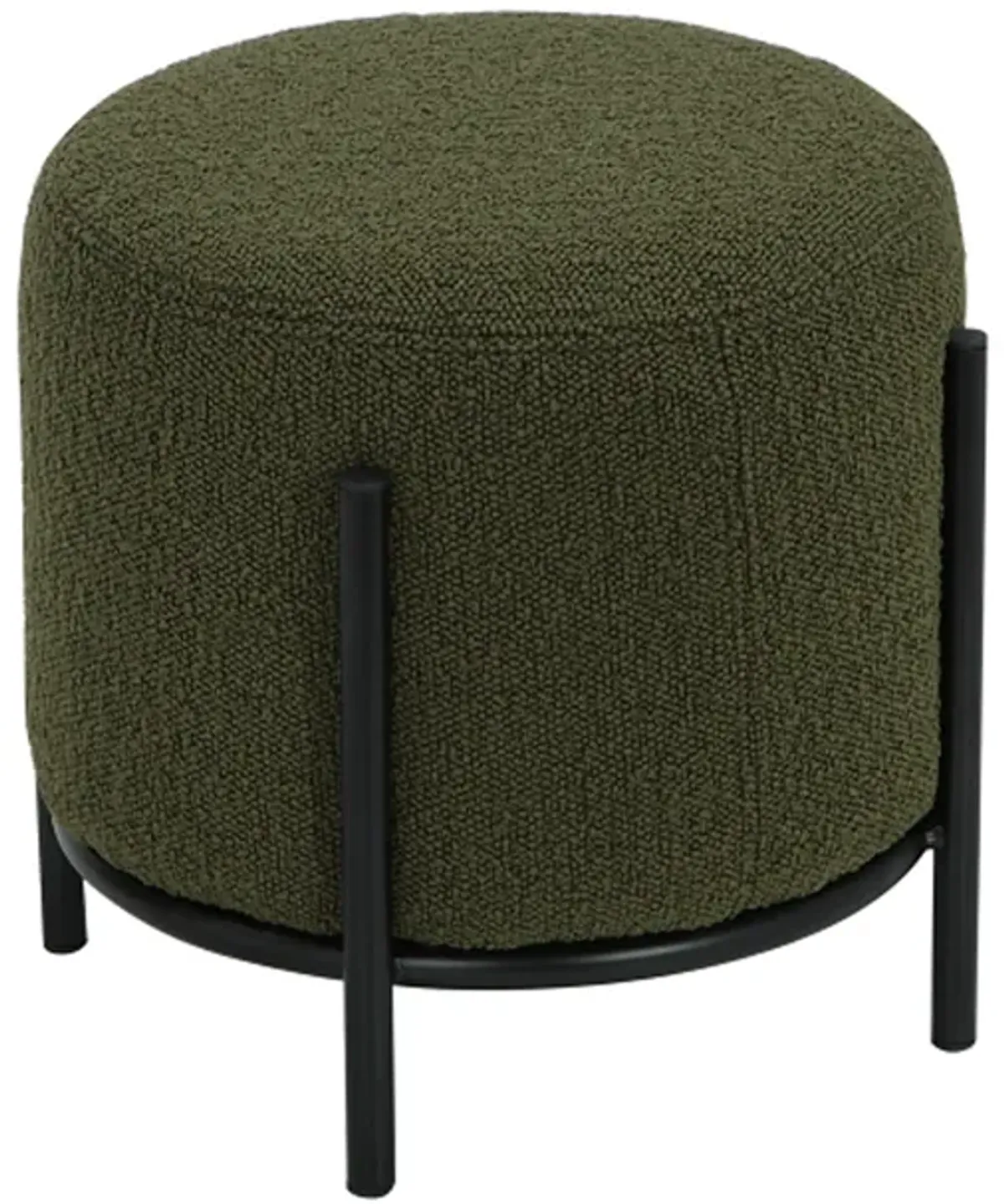 Aop 13 Inch Boucle Ottoman Stool, Round Cushioned Seat, Green Boucle, Black - Benzara