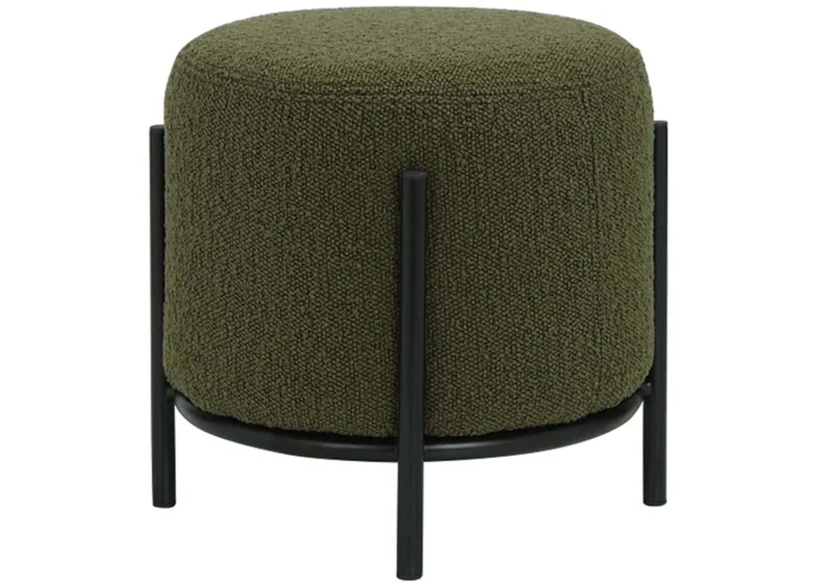 Aop 13 Inch Boucle Ottoman Stool, Round Cushioned Seat, Green Boucle, Black - Benzara