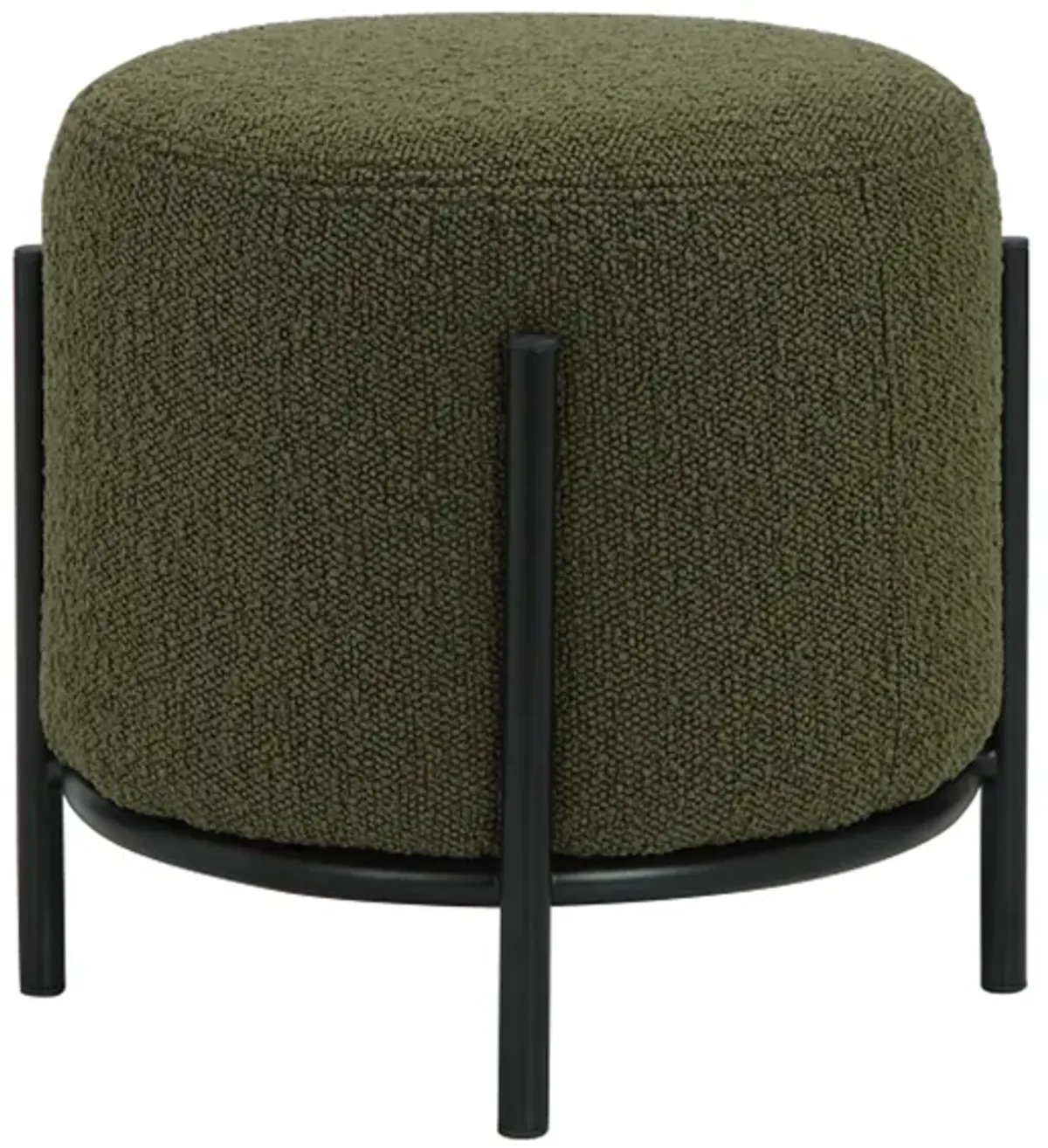 Aop 13 Inch Boucle Ottoman Stool, Round Cushioned Seat, Green Boucle, Black - Benzara