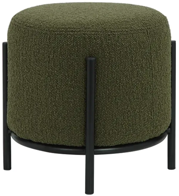 Aop 13 Inch Boucle Ottoman Stool, Round Cushioned Seat, Green Boucle, Black - Benzara