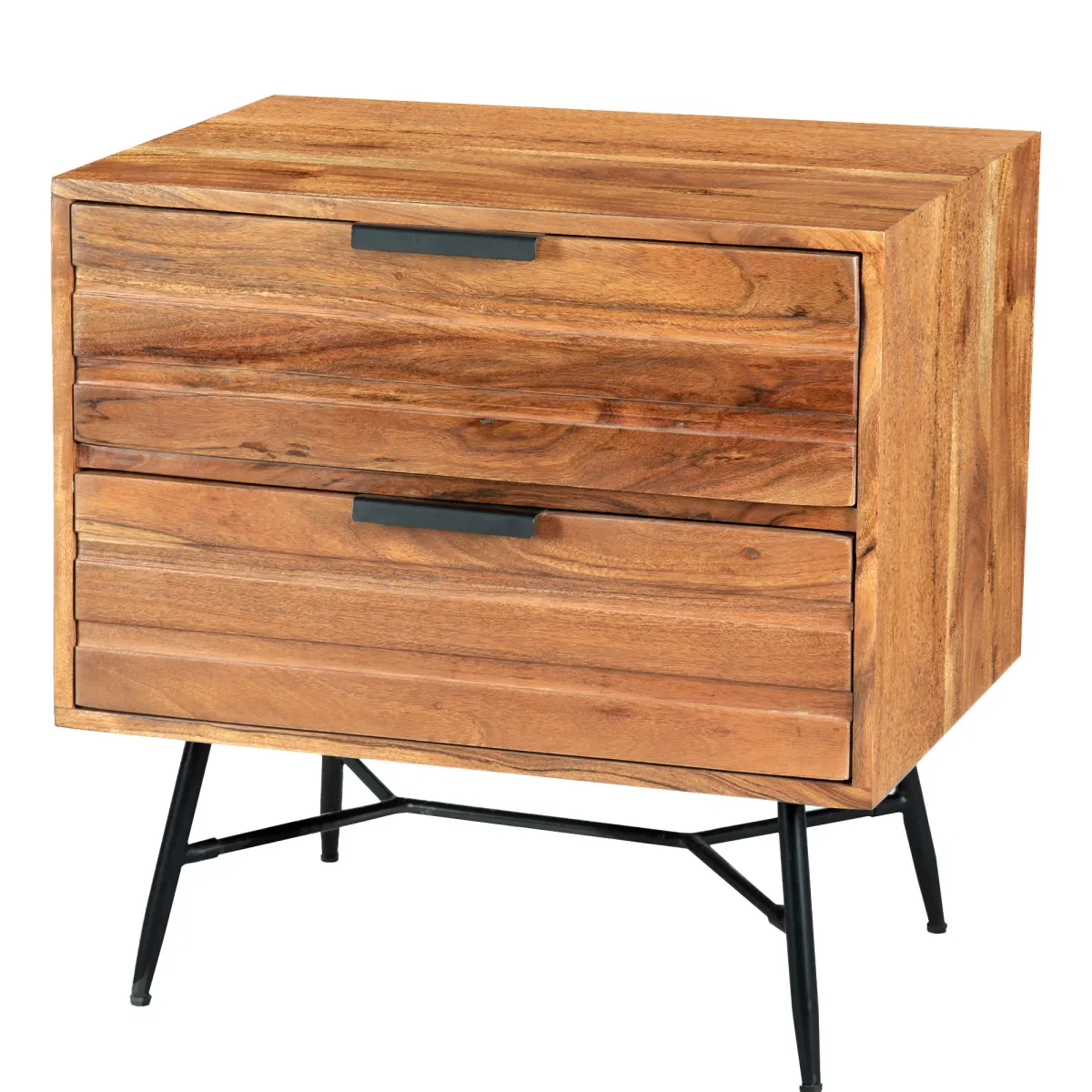 2 Drawer Wooden Nightstand with Metal Angled Legs, Black and Brown-Benzara