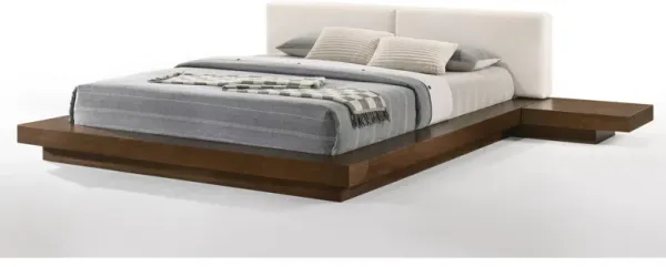 Nia Queen Size Bed, Gray Faux Leather, Walnut Brown Low Profile Platform  - Benzara