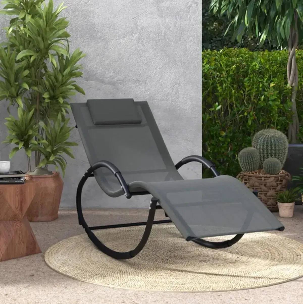 Hivvago Outdoor Rocking Lounge Chair with Removable Headrest