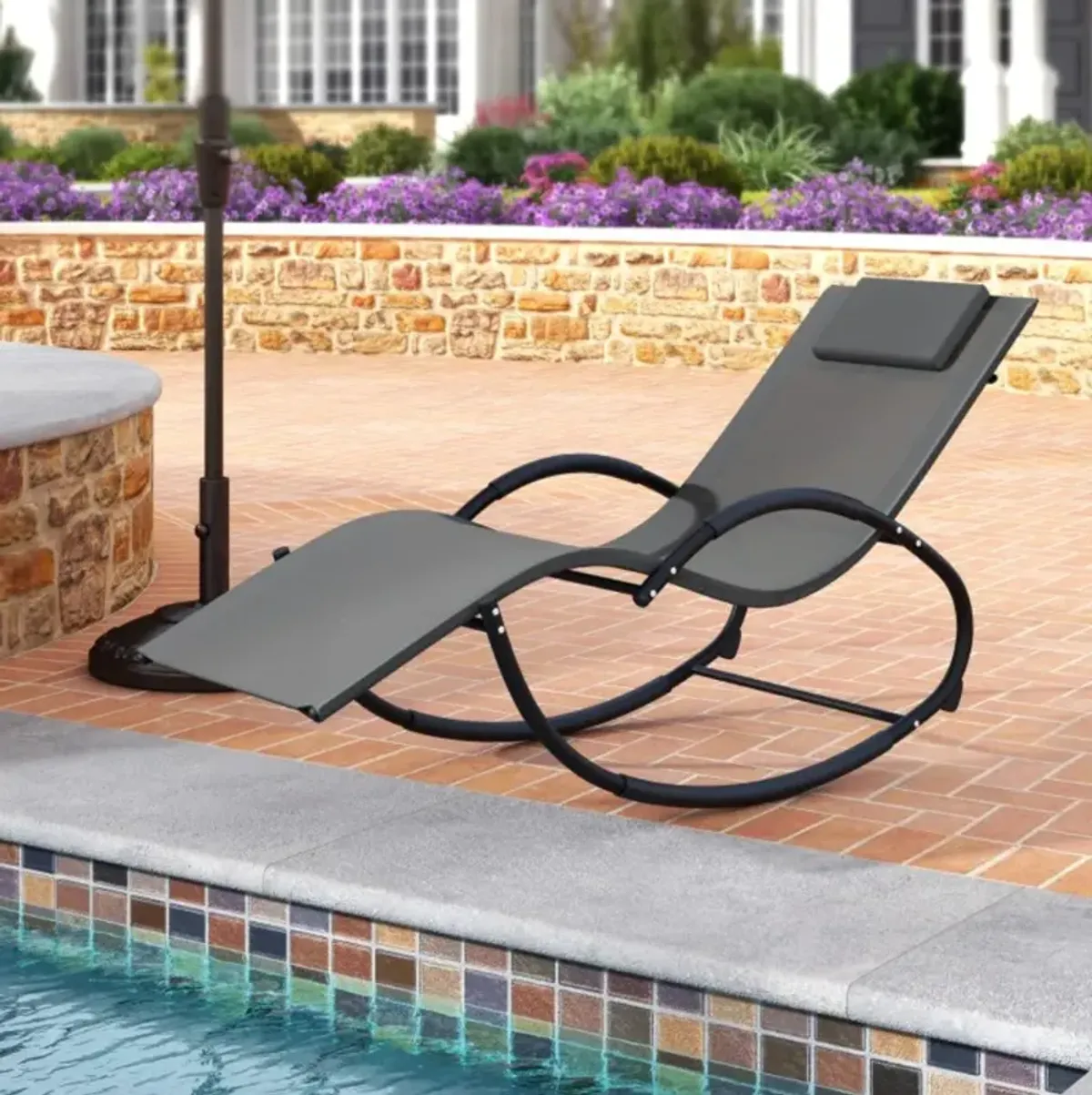 Hivvago Outdoor Rocking Lounge Chair with Removable Headrest