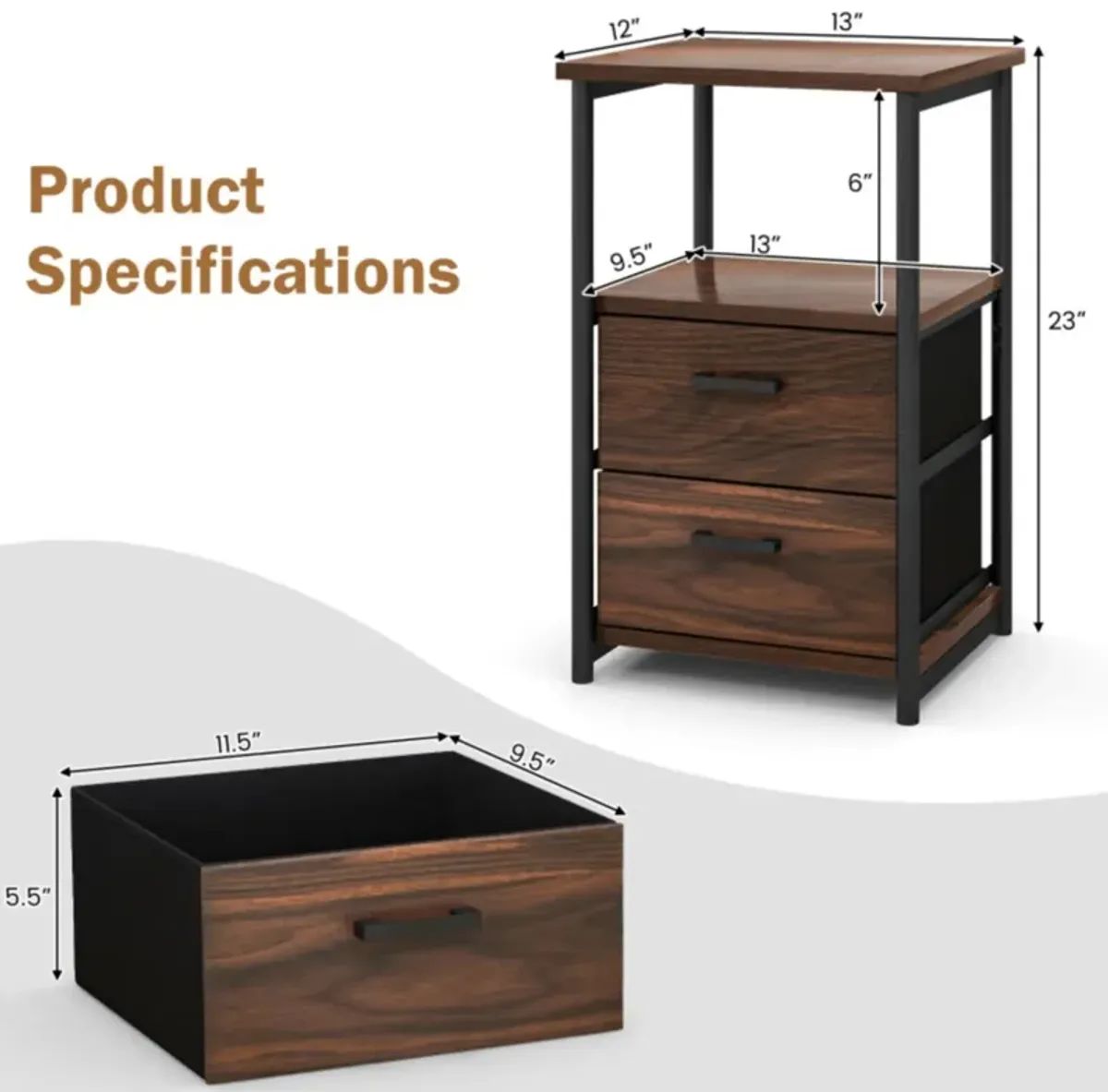 Hivvago 3-Tier Retro Nightstand with 2 Removable Fabric Drawers and Open Shelf-Walnut