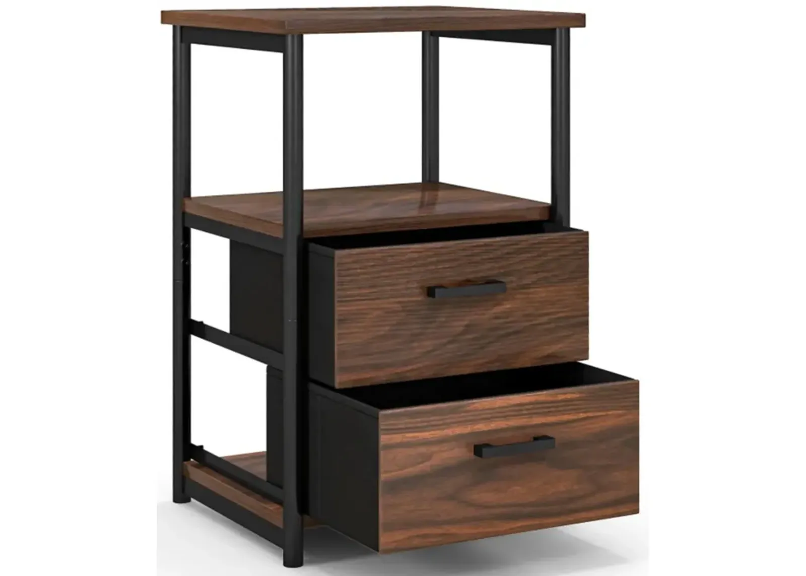 Hivvago 3-Tier Retro Nightstand with 2 Removable Fabric Drawers and Open Shelf-Walnut