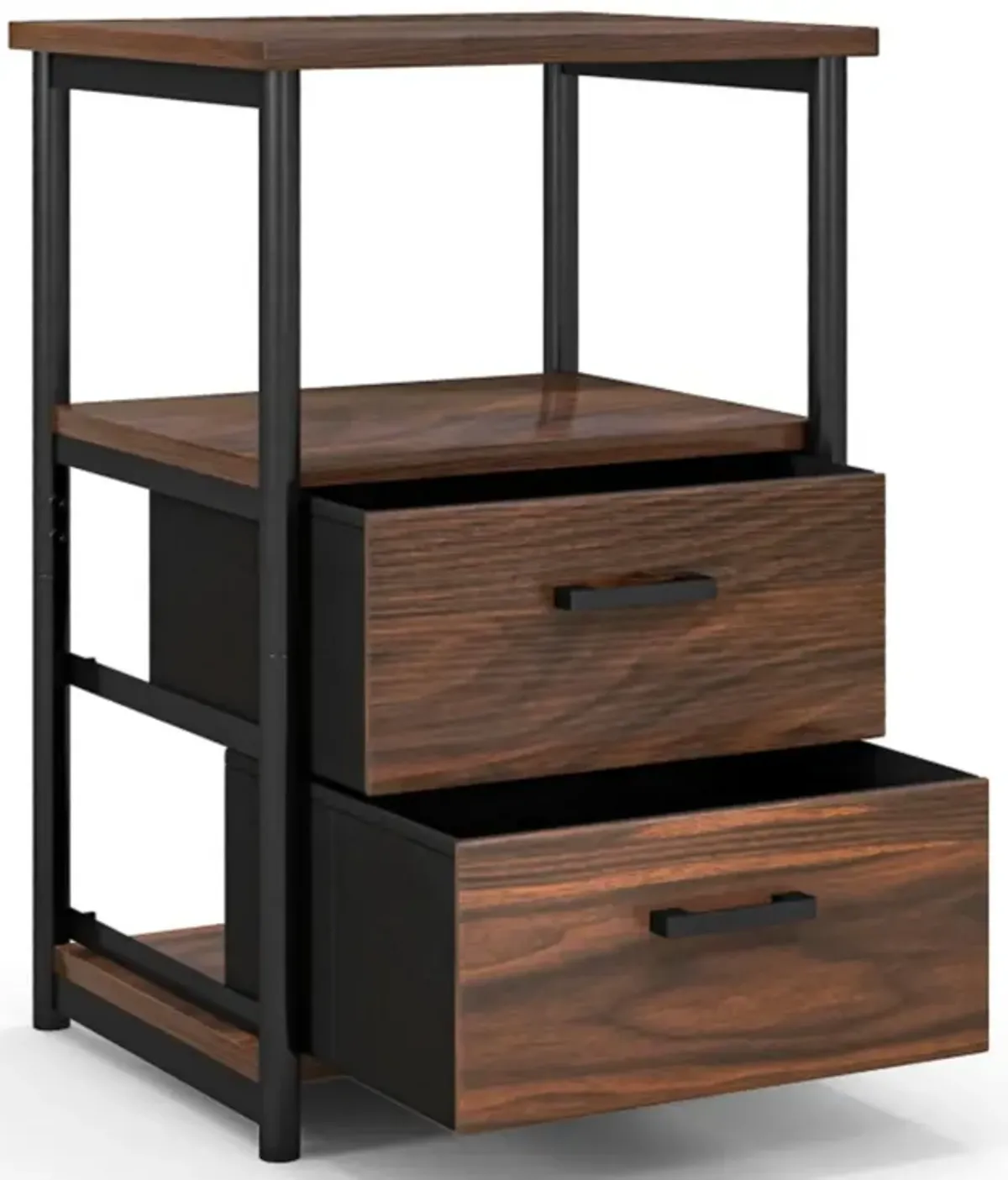 Hivvago 3-Tier Retro Nightstand with 2 Removable Fabric Drawers and Open Shelf-Walnut