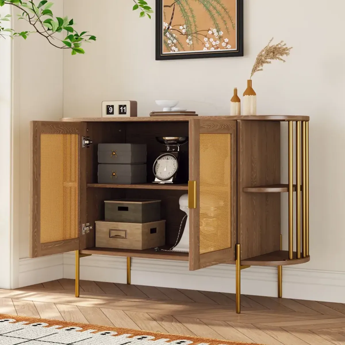 2-Door Elegant Curved Dining Cabinet with Gold Trim and Woven Rattan Doors for Dining Room