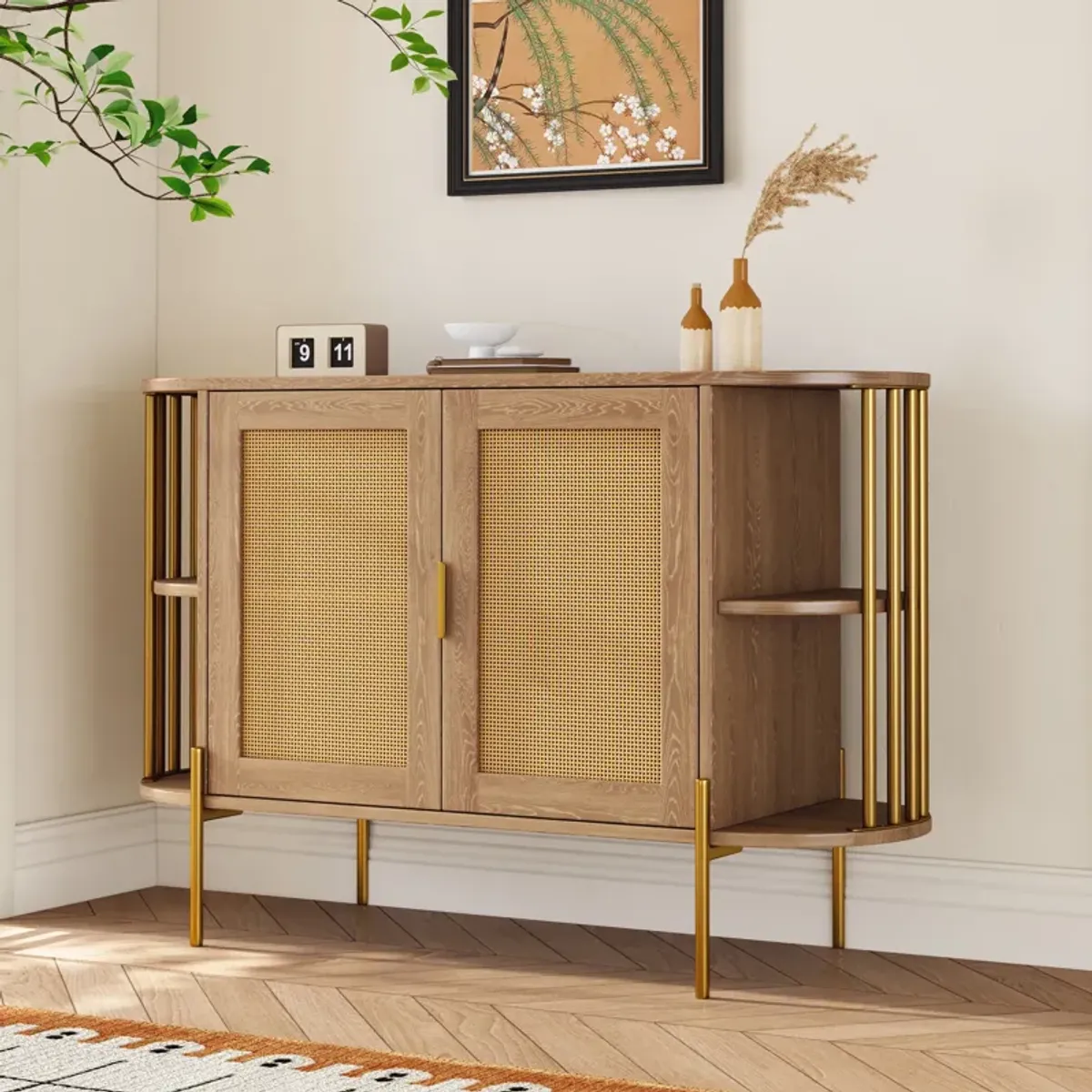 2-Door Elegant Curved Dining Cabinet with Gold Trim and Woven Rattan Doors for Dining Room