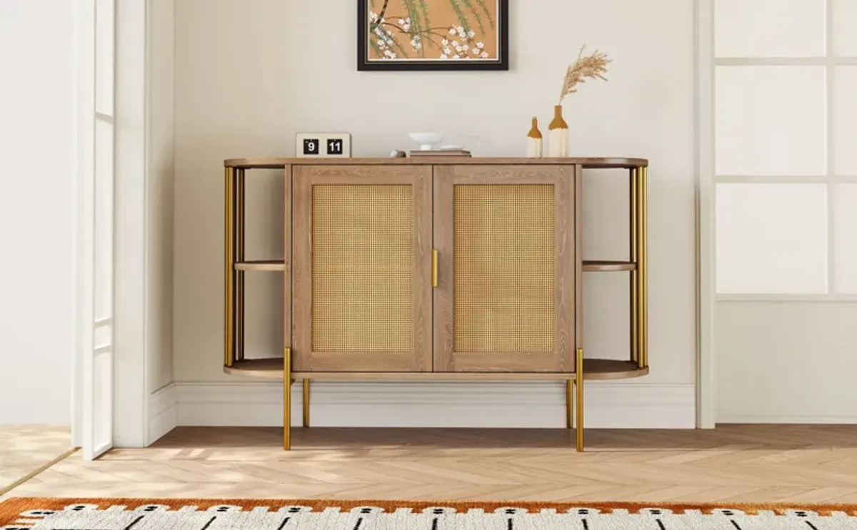 2-Door Elegant Curved Dining Cabinet with Gold Trim and Woven Rattan Doors for Dining Room