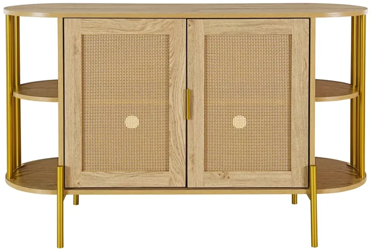 2-Door Elegant Curved Dining Cabinet with Gold Trim and Woven Rattan Doors for Dining Room