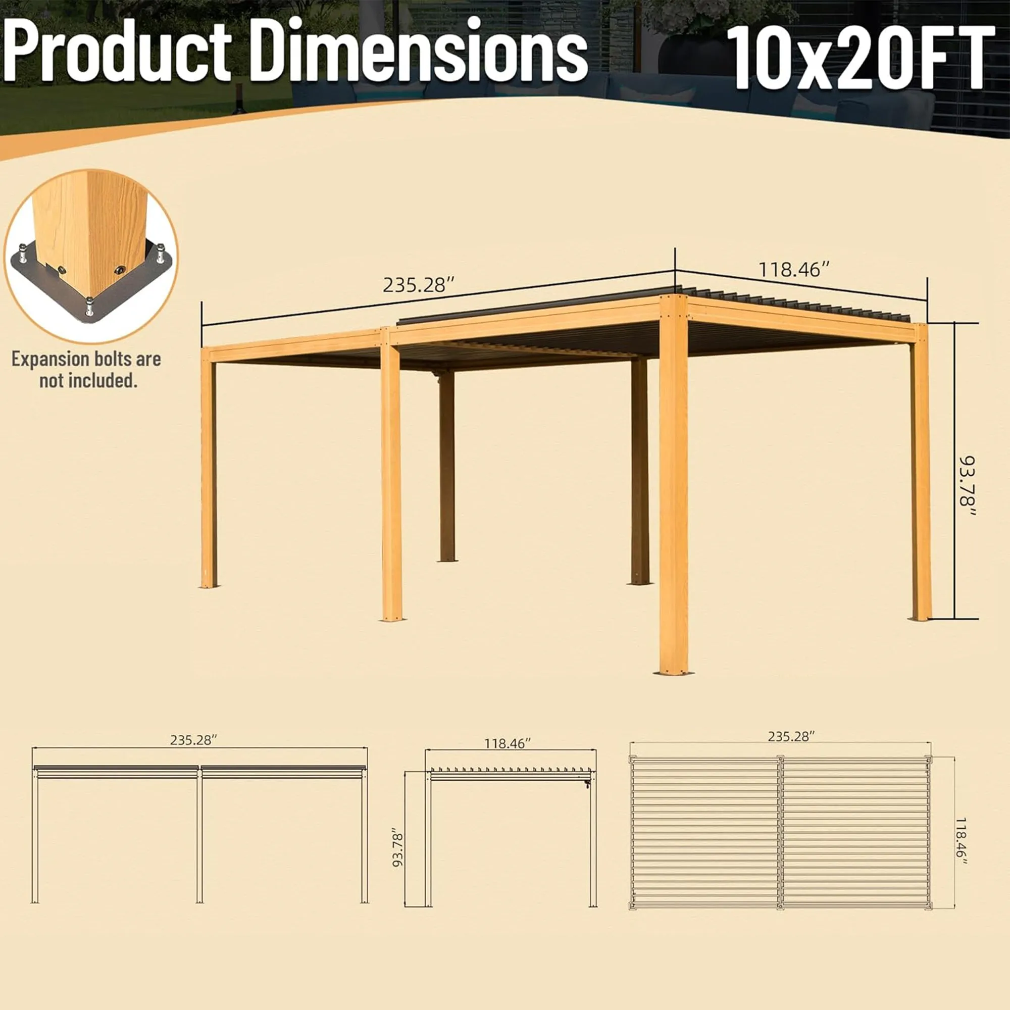 MONDAWE 10X20FT Outdoor Wood Looking Louvered Pergola Wood Grain Aluminum Pergola with Adjustable Roof for Patio, Deck, Garden