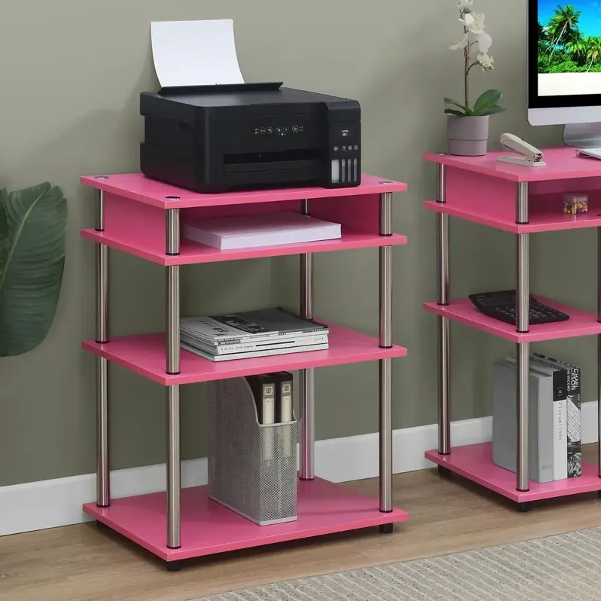 Convenience Concepts Designs2Go No Tools Printer Stand with Shelves, Pink