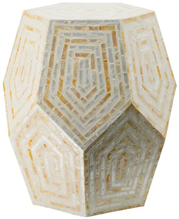 21 Inch Capiz Accent Stool Table, Hexagonal Drum, Angled Look, Beige White - Benzara