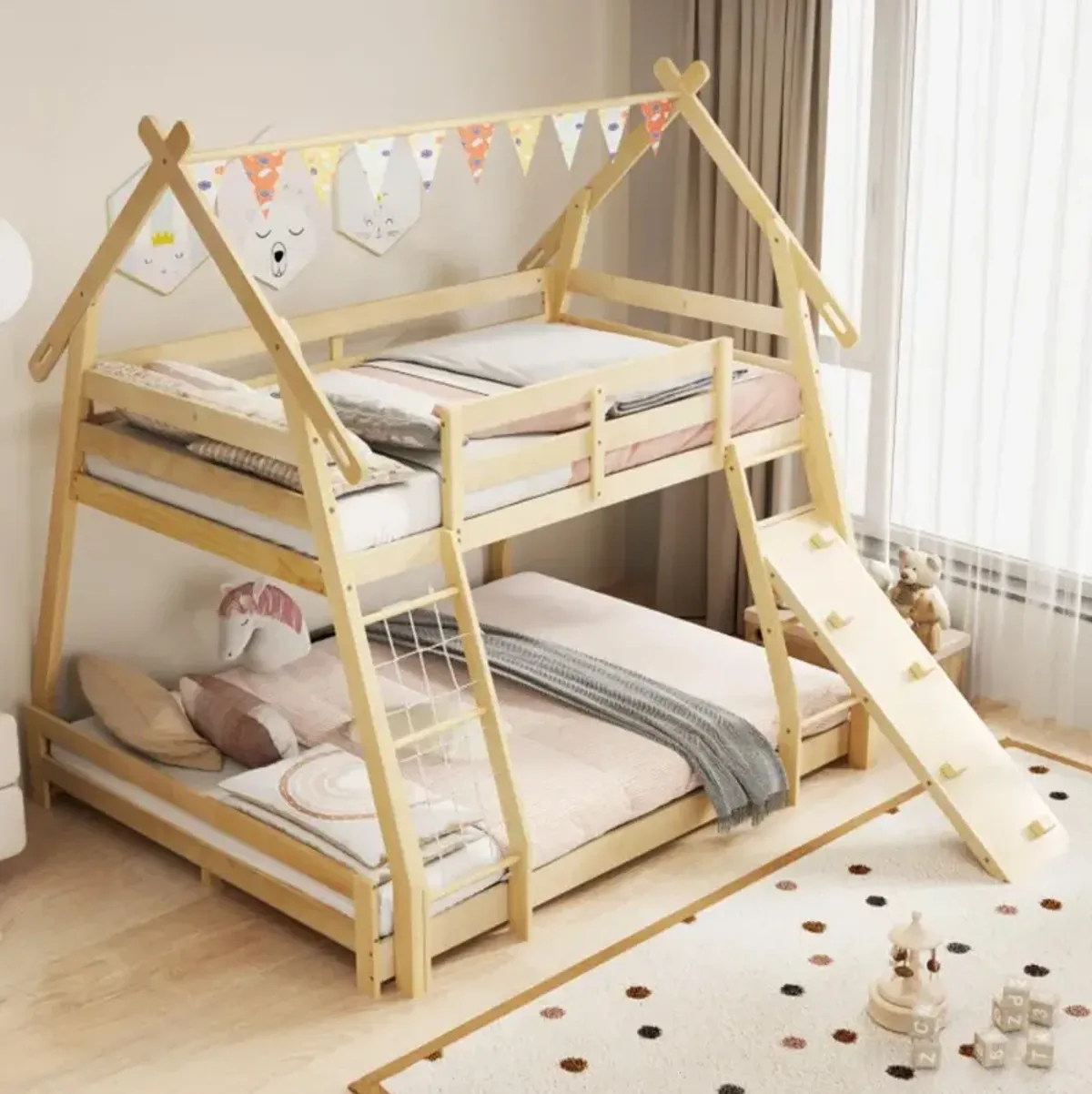 Hivvago Twin Over Queen Bunk Bed Wooden Kids Bed with Climbing Nets and Ramp