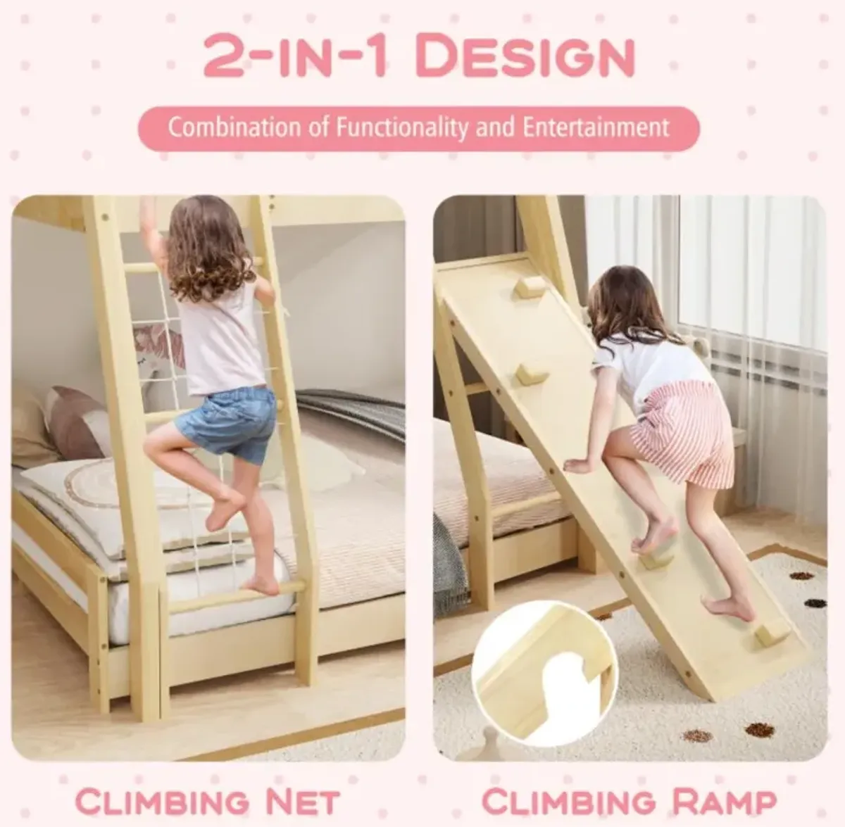 Hivvago Twin Over Queen Bunk Bed Wooden Kids Bed with Climbing Nets and Ramp