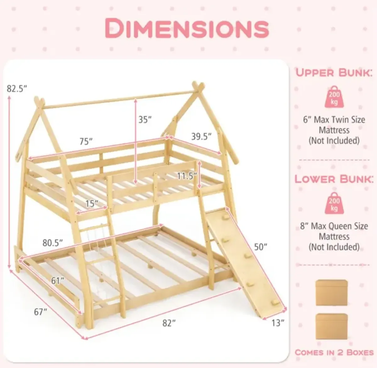 Hivvago Twin Over Queen Bunk Bed Wooden Kids Bed with Climbing Nets and Ramp