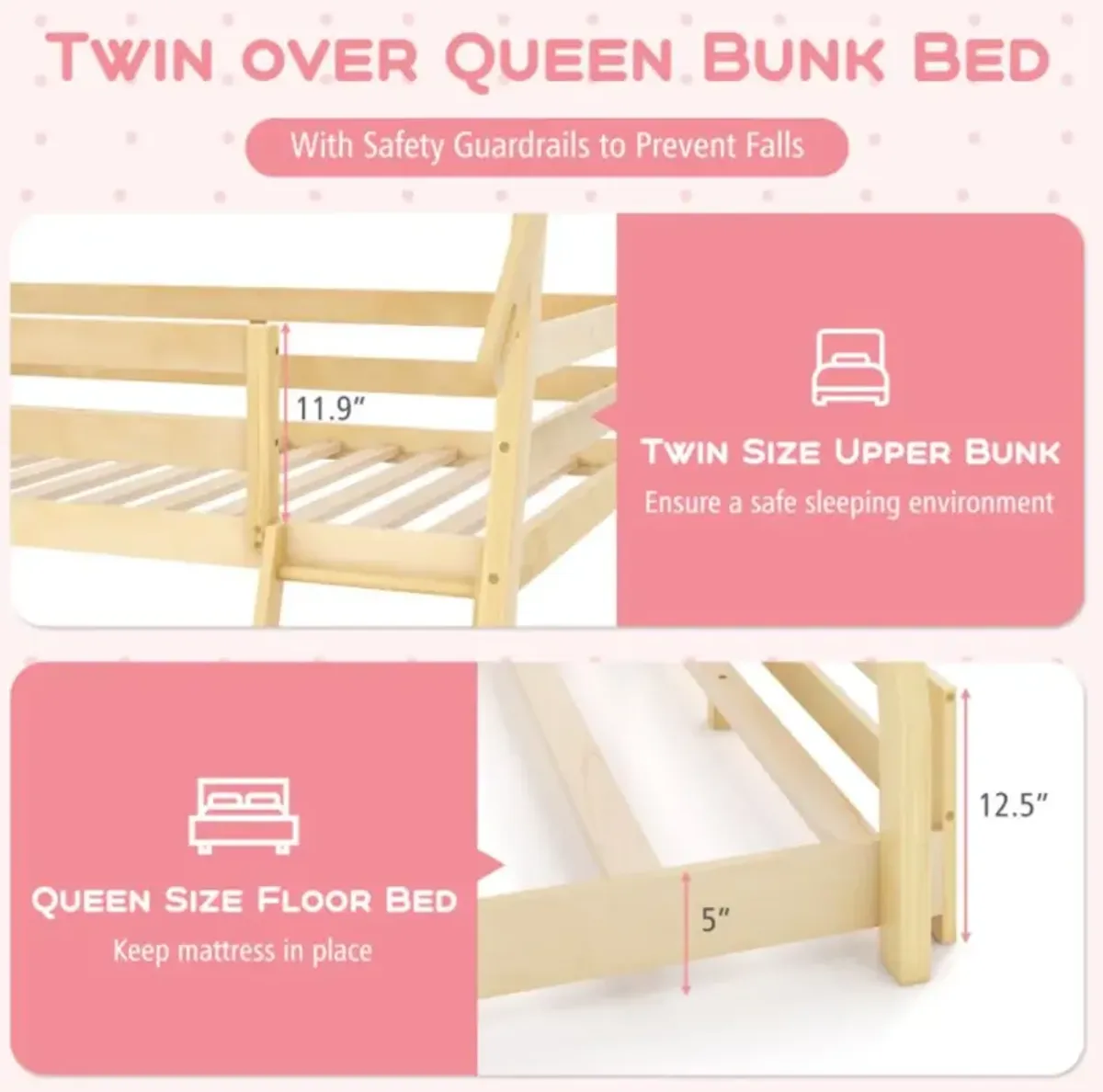 Hivvago Twin Over Queen Bunk Bed Wooden Kids Bed with Climbing Nets and Ramp