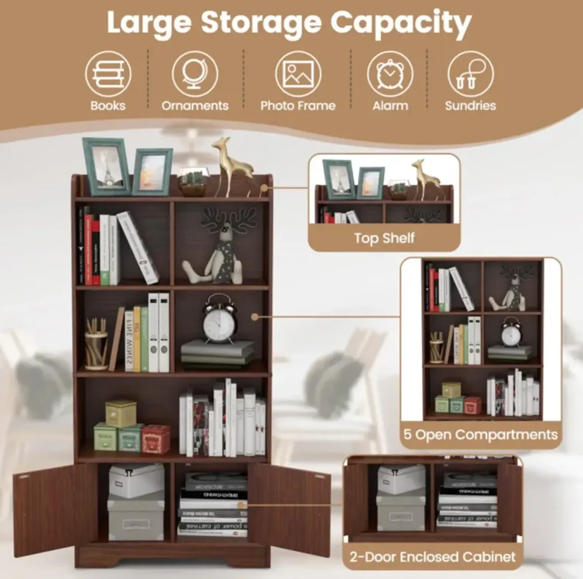 Hivvago 4 Tiers Bookshelf with 4 Cubes Display Shelf and 2 Doors-Brown