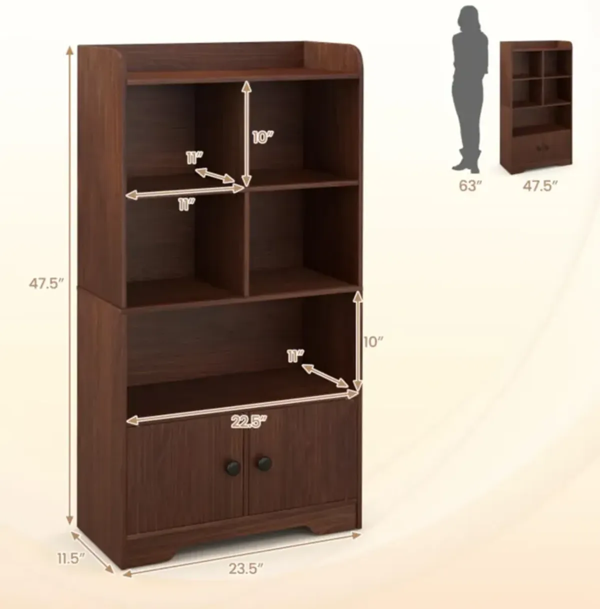 Hivvago 4 Tiers Bookshelf with 4 Cubes Display Shelf and 2 Doors-Brown