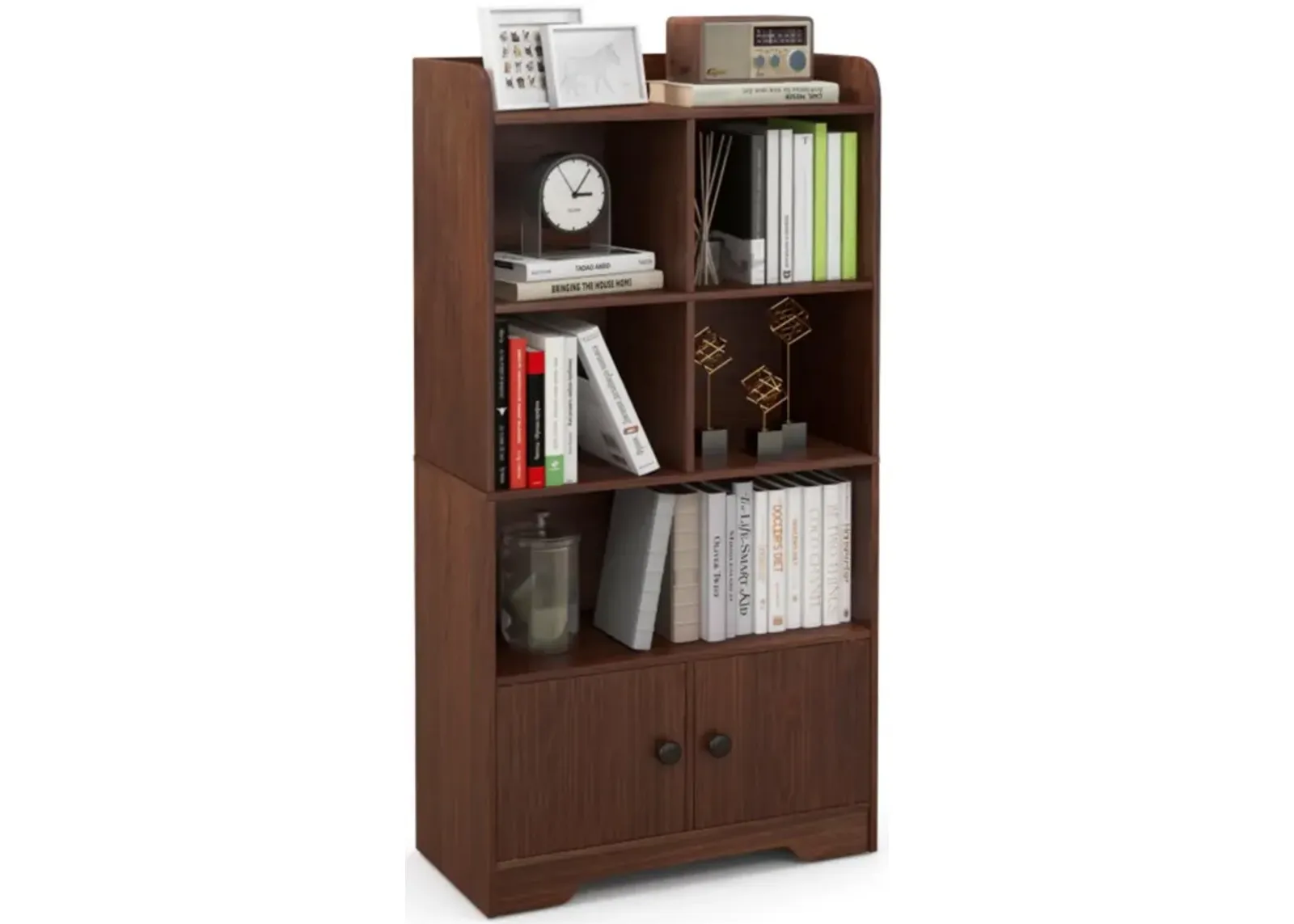 Hivvago 4 Tiers Bookshelf with 4 Cubes Display Shelf and 2 Doors-Brown