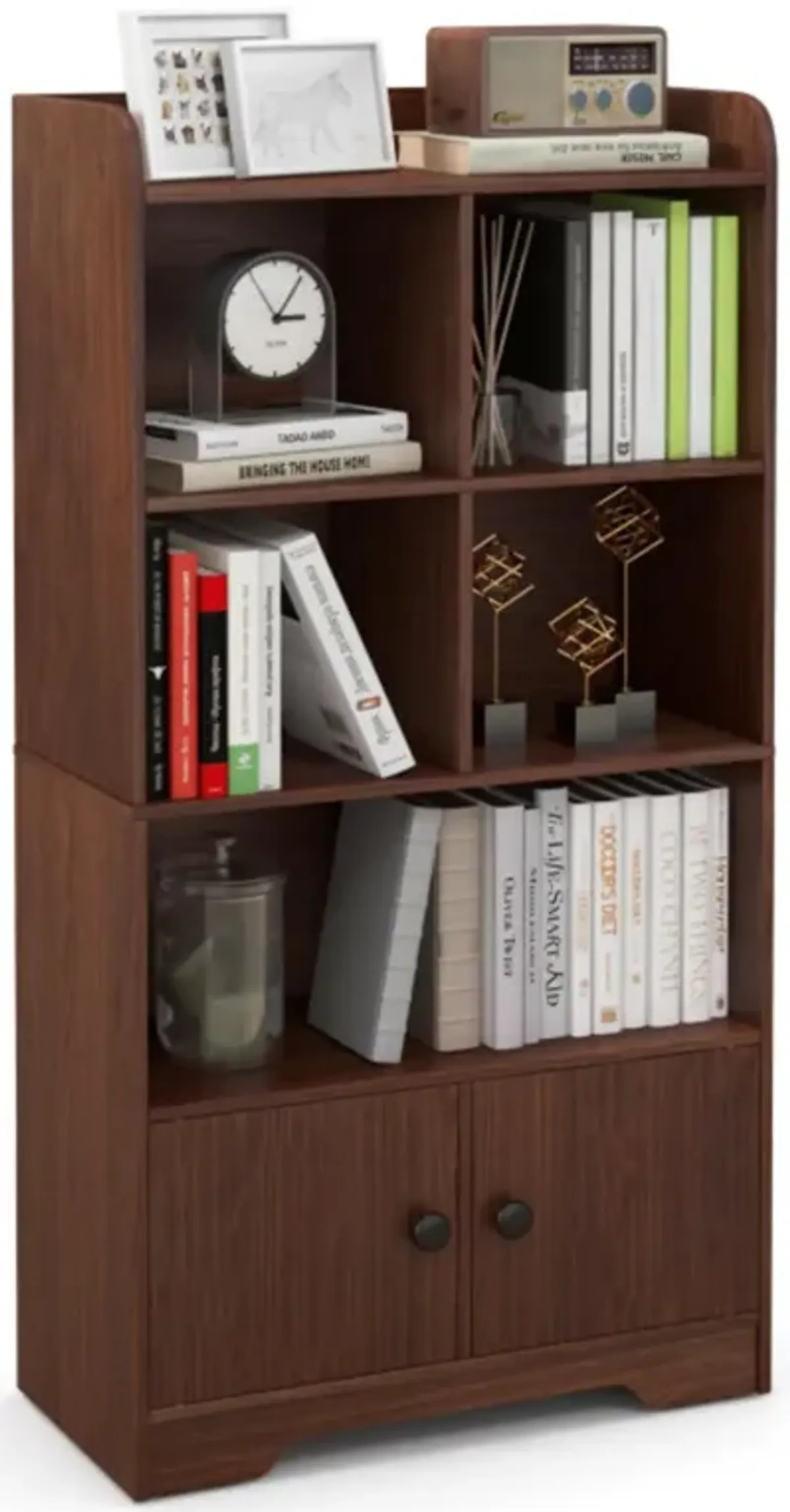 Hivvago 4 Tiers Bookshelf with 4 Cubes Display Shelf and 2 Doors-Brown