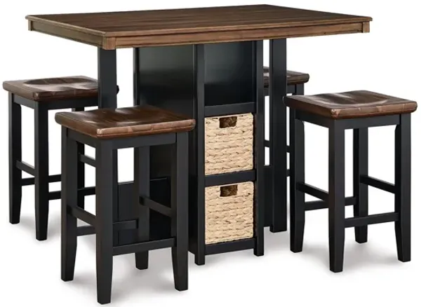 5 Piece Rectangular Counter Height Dining Table and Stool Set, Black, Brown - Benzara