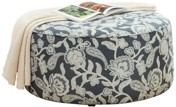 Ottoman with Floral Fabric and Drum Style, Blue and White-Benzara