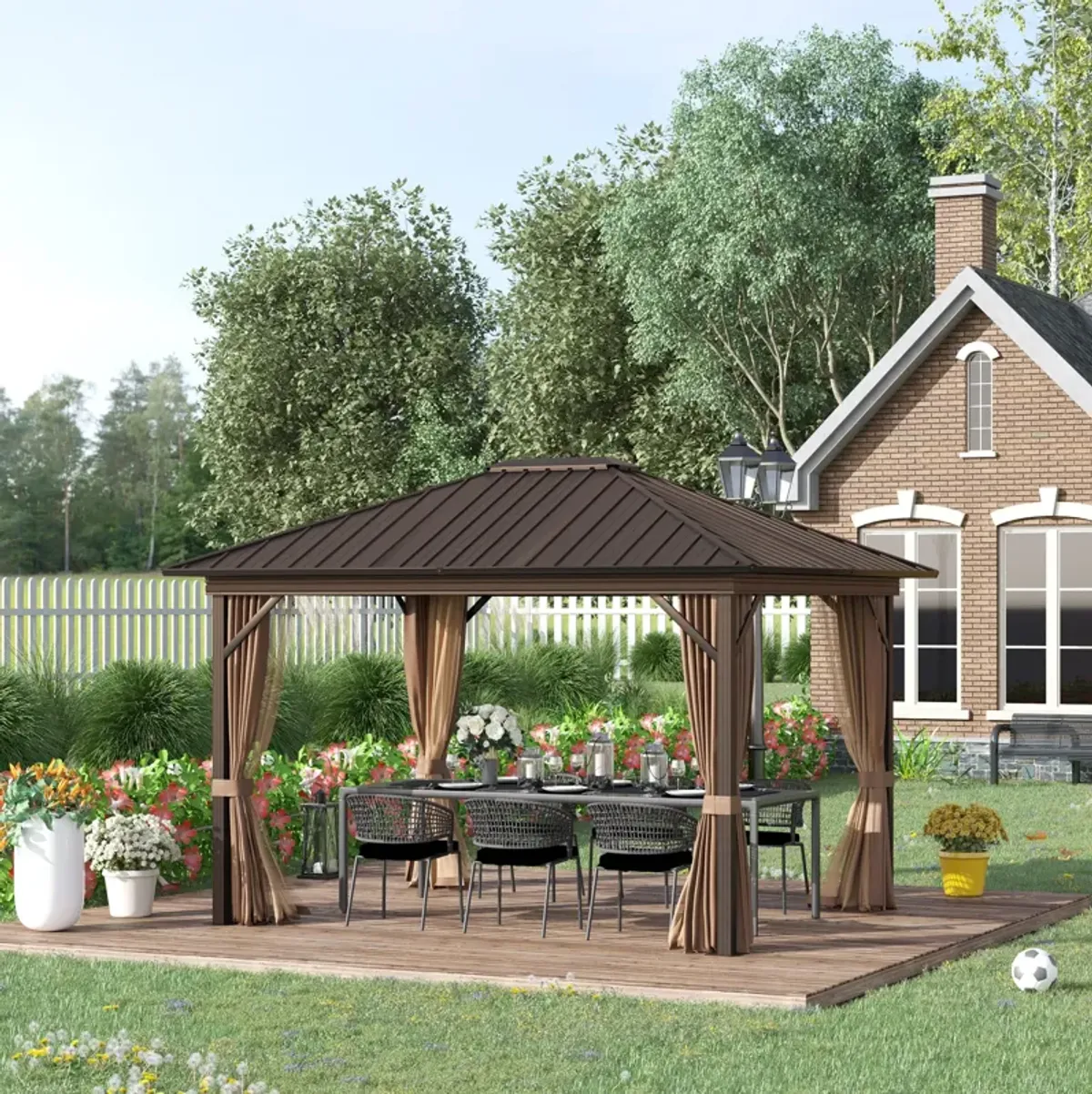 Brown Garden Pavilion: 10'x12' Hardtop Gazebo with Steel Roof & Curtains