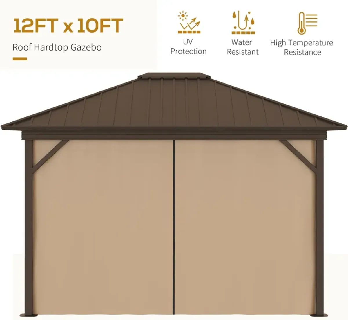 Brown Garden Pavilion: 10'x12' Hardtop Gazebo with Steel Roof & Curtains